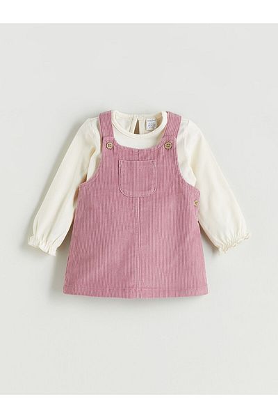 LC Waikiki Crew Neck Velvet Baby Girl Blouse and Salopet 2-Piece