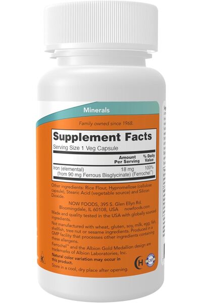Now Foods, Iron, 18 mg, 120 Vegetarian Capsules