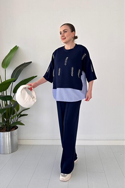 MaziButik Σετ Modal με μαργαριτάρια με φαρδύ πόδι Navy Blue