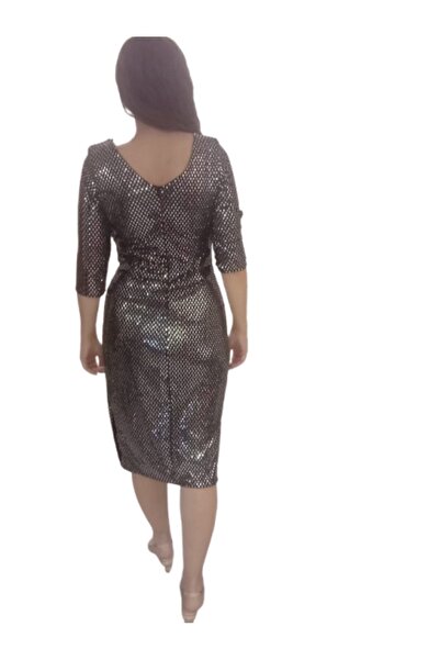 ZY BUTİK Black-Silver Plus Size V-Neck Three Quarter Sleeves Waistline Stone Accessories Detail Paletli Intermediate Length Evening Dress