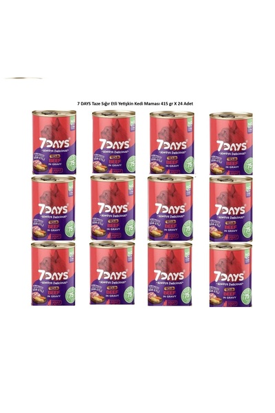 7DAYS 7 DAYS Taze Sığır Etli Yetişkin Kedi Maması 415 gr X 12 Adet