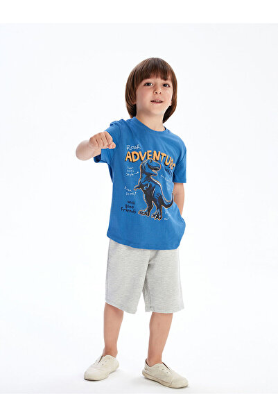LC Waikiki تي شيرت وشورت للأولاد مطبوع عليه ديناصور برقبة دائرية باللون الأزر...