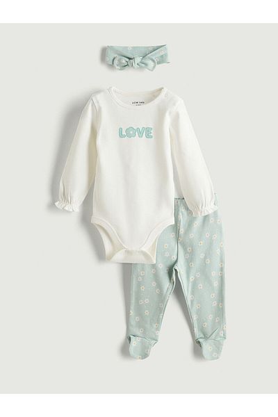 LC Waikiki Crew Neck Baby Girl Snap Body Pants and Headband 3-Piece Set