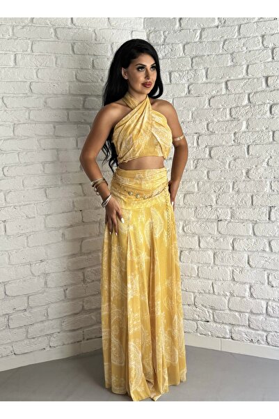 moneta boutique Set crop și fustă cu model șal pentru femei