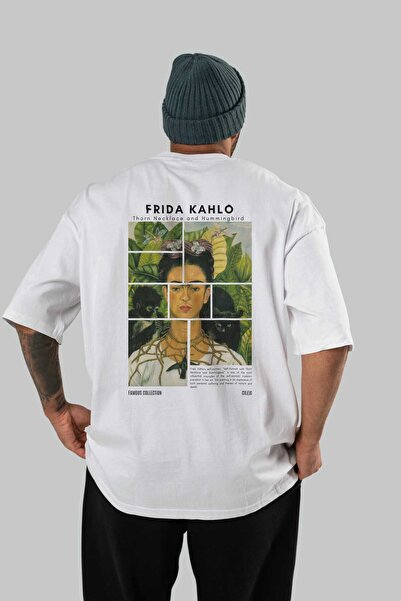 Ankhises تي شيرت فريدا كاهلو مطبوع من الخلف كبير الحجم للرجال والنساء برقبة د...