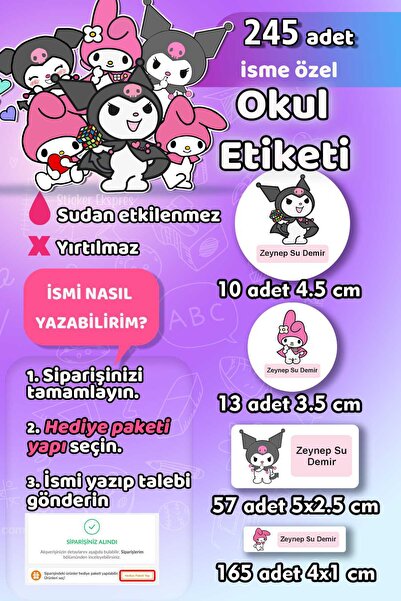 Sticker Ekspres Okul Etiketi Kuromi ve My Melody Kalem Defter Etiketi Özel İs...