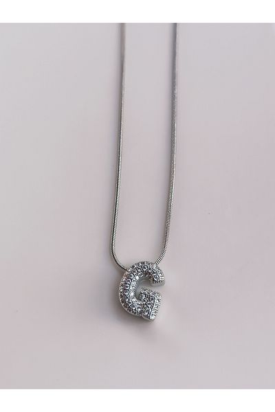 Blotch Curved Stainless Steel Stylish and Stylish Zircon Stone g Letter Necklace 1.2 cm