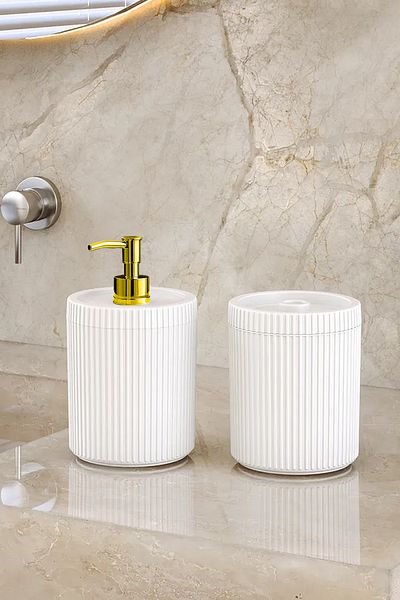 DOVİHOME Double XL Large Size Striped 700ml Countertop Gold Pump Liquid Soap Dispenser and Cotton Lotion Set White