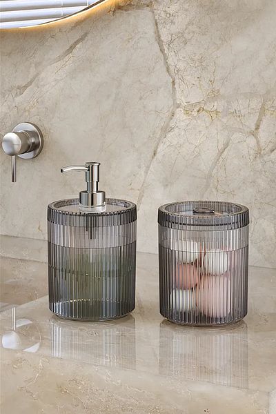 DOVİHOME Double XL Large Size Striped 700ml Countertop Silver Liquid Soap Dispenser and Cotton Lint Set Smoked