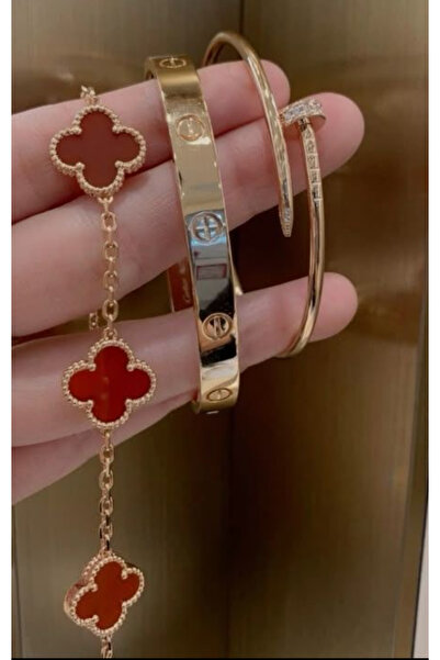 bs bellss accessory Gold Cartier Bordo Yonca Model Üçlü Bileklik Set