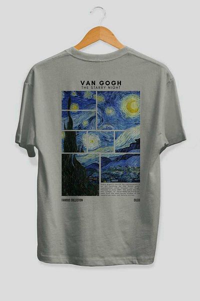 Ankhises Van Gogh the Starry Night Back Printed Oversize T-Shirt Men Women Crewneck Cotton Tshirt