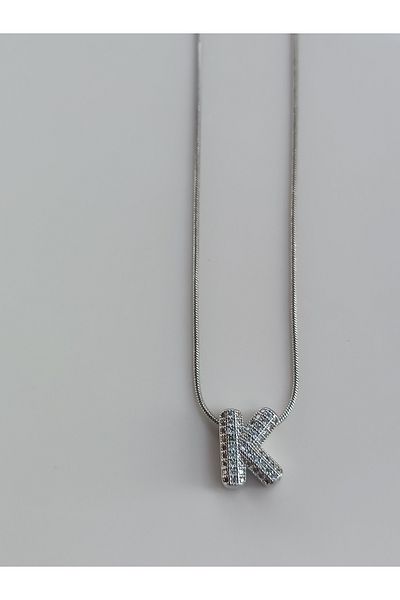 Blotch Curved Stainless Steel Stylish and Stylish Zircon Stone K Letter Necklace 1.2 cm