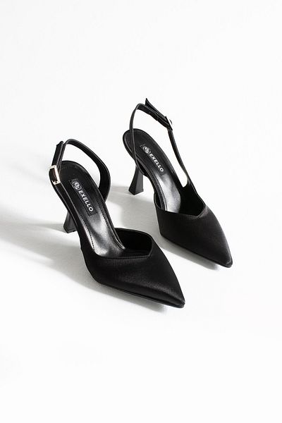 es exello Asgard Back Open Goblet Heeled Black Satin Shoes