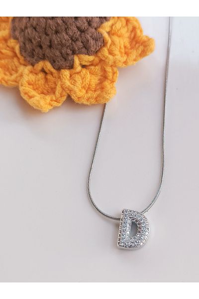 Blotch Curved Stainless Steel Stylish and Stylish Zircon Stone D Letter Necklace 1.2 cm