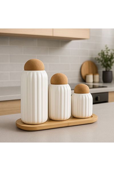 ENYAZA(2024) Set of 3 Ball Cork Lid, Stand, Striped Porcelain Jar and Spice Rack