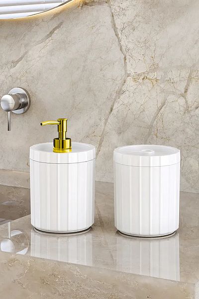DOVİHOME Double XL Large Size Line Pattern 700ml Countertop Gold Pump Liquid Soap Dispenser and Cotton Set White