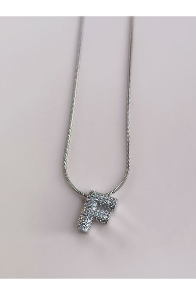 Blotch Curved Stainless Steel Stylish and Stylish Zircon Stone F Letter Necklace 1.2 cm