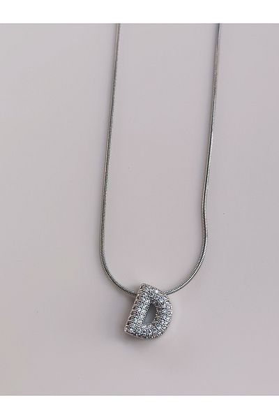 Blotch Curved Stainless Steel Stylish and Stylish Zircon Stone D Letter Necklace 1.2 cm