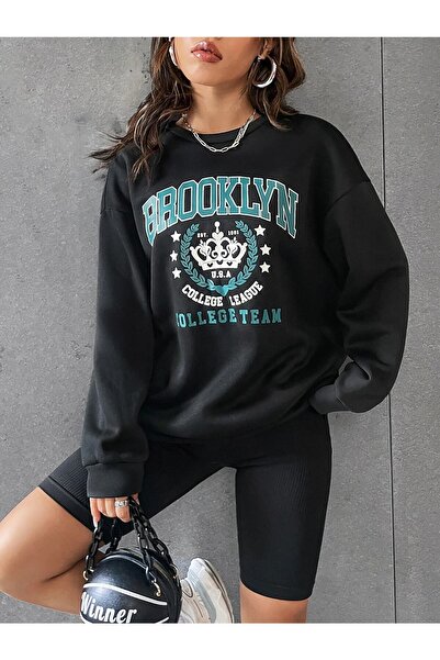 donamod Hanorac oversize negru Brooklyn cu imprimeu personalizat pentru damă