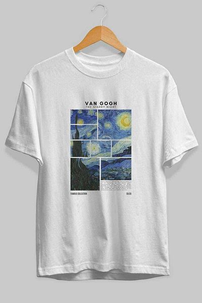 Ankhises Van Gogh the Starry Night Front Printed Oversize T-Shirt Men Women Crewneck Cotton Tshirt