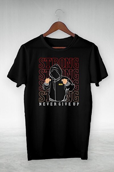 donamod Tricou unisex negru Strong Never Give Up cu ilustrație cu desen Gsc-323