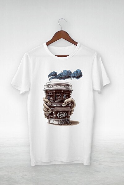 donamod Vtshirt أبيض للجنسين - متجر القهوة - رسم توضيحي - Y-058