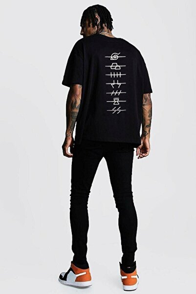 donamod Tricou unisex negru cu simbol Naruto Akatsuki, negru, cu design overs...