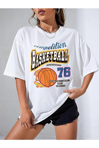 donamod Tricou oversize cu imprimeu alb pentru turneu de baschet pentru femei