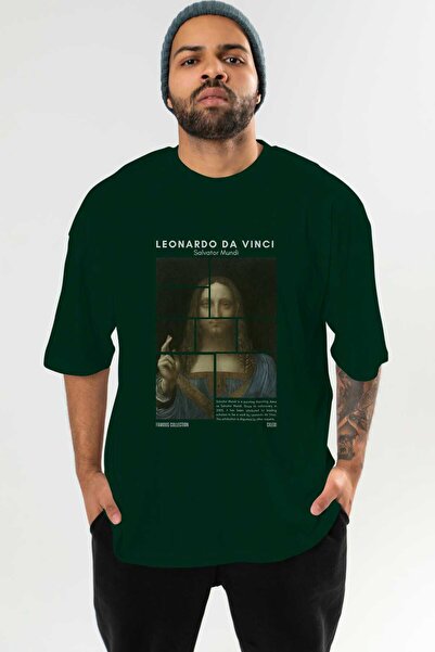 Ankhises Tricou oversize verde cu imprimeu frontal Salvador Mundi, pentru băr...
