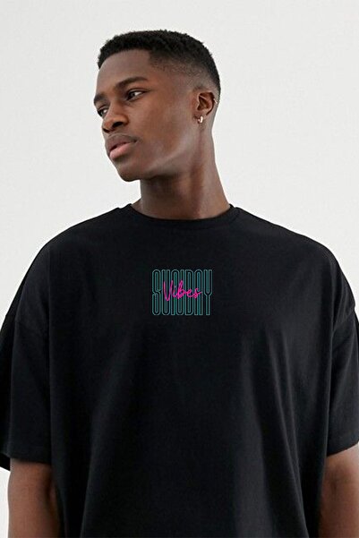 donamod Tricou oversize unisex negru cu imprimeu Sunday Vibes