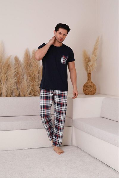 FENZO Men's Cotton Printed Bottom Top Checked Short Sleeve Pajamas Set