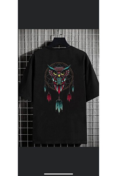 donamod Tricou oversize cu guler rotund cu bufniță neagră pentru bărbați