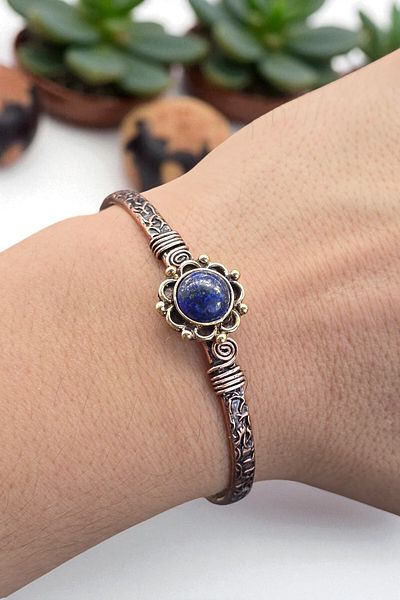 NBS Beautiful Naturel Stones سوار نحاسي نقي أنيق من حجر اللازورد قابل للتعديل للجنسين (أفضل نوعية من النحاس النقي)