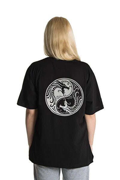 donamod Tricou oversize unisex cu imprimeu reflectorizant Ying Yang Dragon