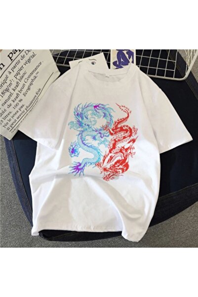 donamod Λευκό μπλουζάκι Unisex Double Dragon με στάμπα Oversize Crew Neck