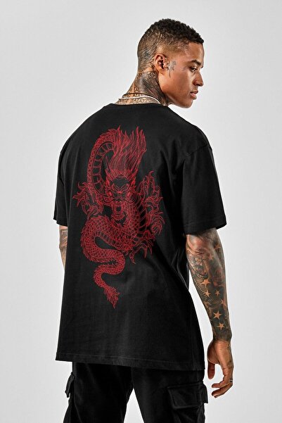 donamod Oversize Dragon Printed Black Plus Size Tshirt OVRSZTSHRT12