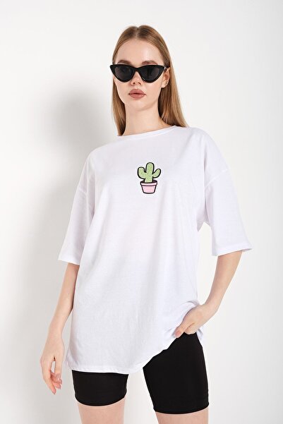 donamod Tricou oversize cu imprimeu cu logo cactus alb pentru femei