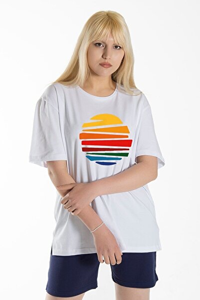 donamod Tricou supradimensionat din bumbac cu decolteu rotund cu imprimeu sol...