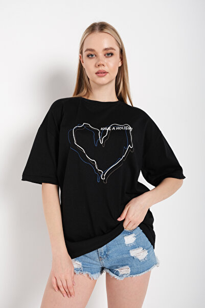 donamod Tricou negru pentru damă, cu dungi în formă de inimă, cu imprimeu de ...