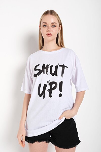 donamod Γυναικείο μπλουζάκι Shut Up Λευκό με στάμπα oversize