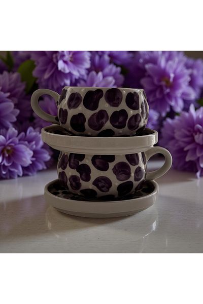Çiporcal Beren Lilac Dalmatian Mug Set with 2 Plates Hand Decor Mug Cup