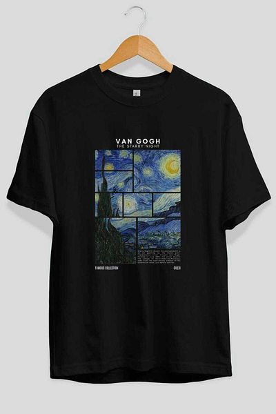 Ankhises Van Gogh the Starry Night Front Printed Oversize T-Shirt Men Women Crewneck Cotton Tshirt