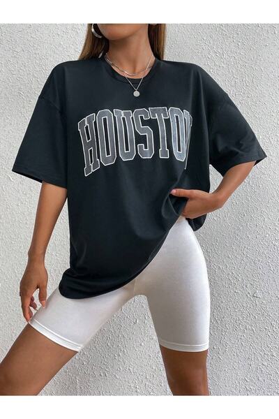 donamod Tricou oversize cu imprimeu Houston negru pentru femei