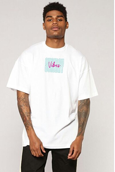 donamod Tricou oversize unisex alb cu imprimeu Sunday Vibes