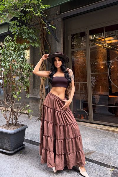 bacc Brown Layered Flounce Elastic Waist Maxi Size Linen Woven Skirt Bcbt-251014