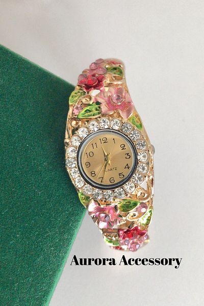 AurorAccessory Pink Red Floral Enamel Embroidered Vintage Handcuff Women's Wrist Watch (Suitable for Thin Wrist Size)