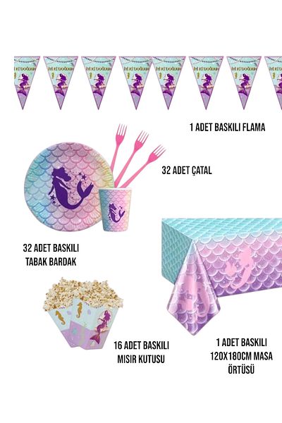 Evabrite Mermaid Birthday Party Set - Girl's Party Decorations for 32 People