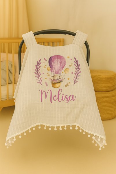 Moda Lime Kişiye Özel Balon ve Çiçek Desenli Bebek Puset Örtüsü – İsim Yazılı...