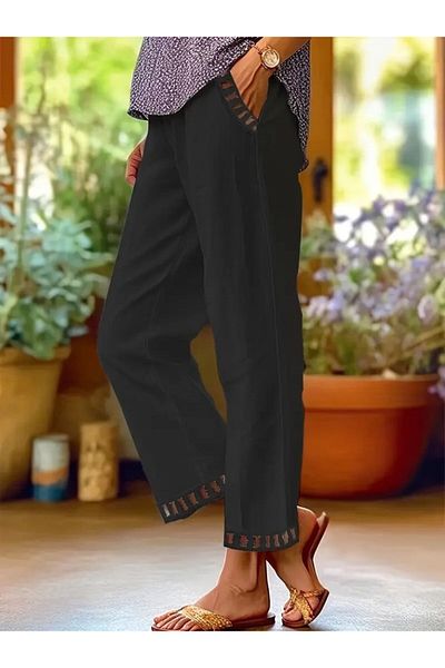 Viyamo Pantaloni de damă cu talie elastică, buzunar cu șireturi și detaliu guipură la capătul pantalonilor