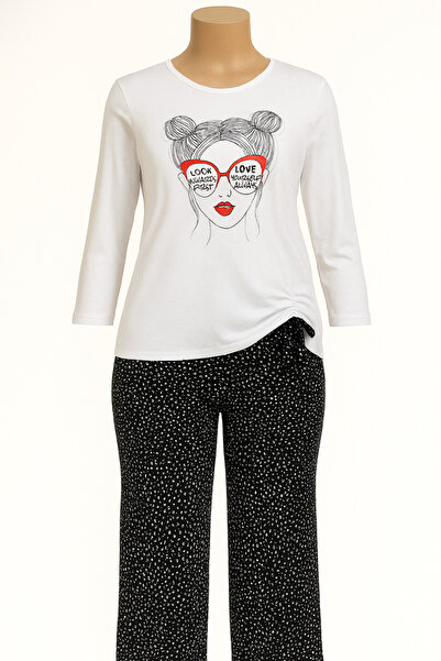 Yarım Kol Baskılı Pamuklu Kadın Pijama Takımı 5013A